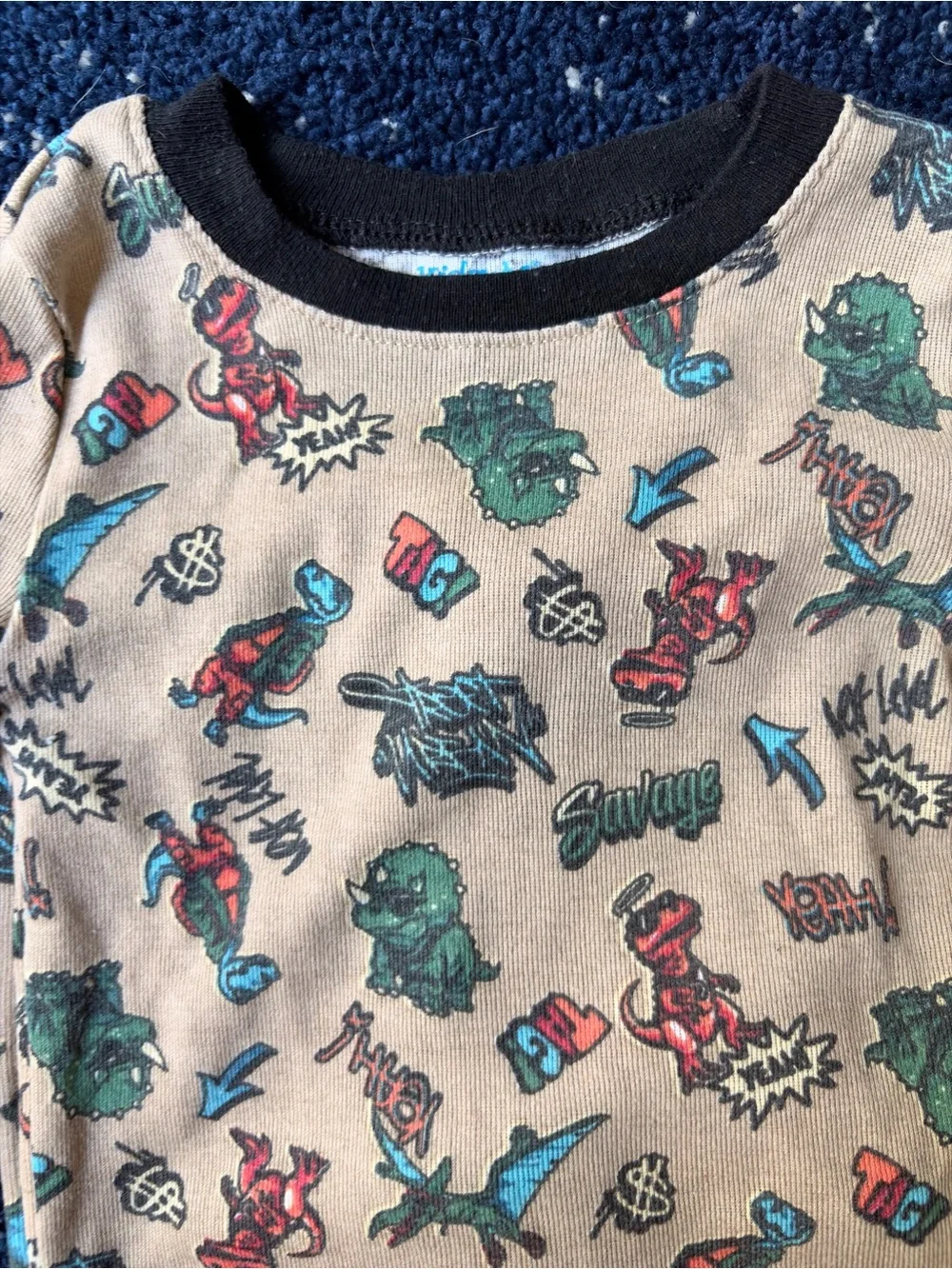 Kidgets Beige Dino Graphic Pajama Set with Black Trim